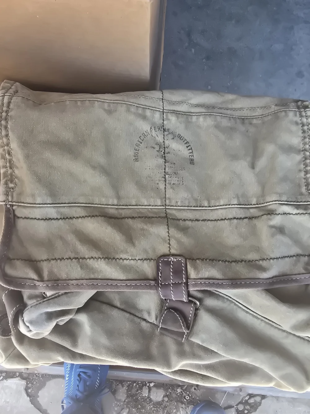American Eagle Outfitters Olive Green Canvas Messenger Bag with Brown Trim